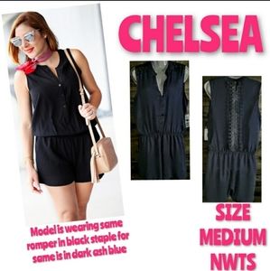 Chelsea Blue Ash Short Romper Crochet Lace Spine Size Medium NWT